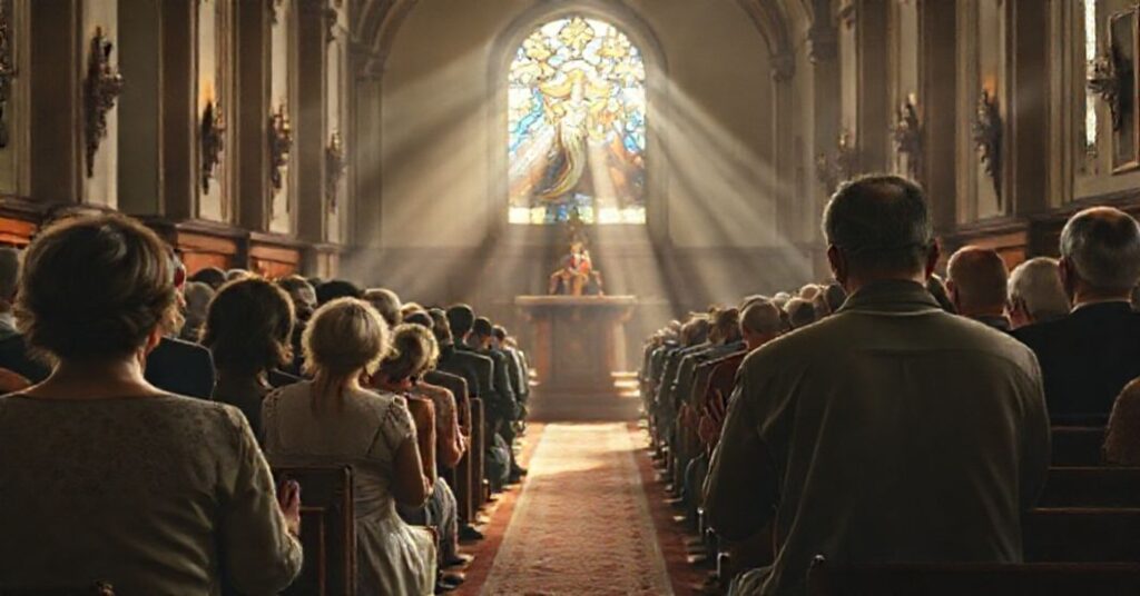 Obraz przedstawiający tradycyjny wnętrze kościoła katolickiego z modlącym się tłumem w tle i rodziną w przodzie, symbolizującą opór przeciwko apostazji w Polsce.