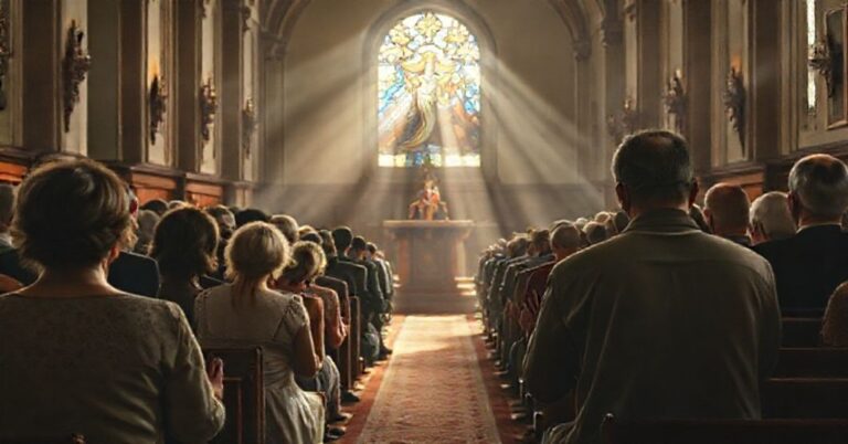 Obraz przedstawiający tradycyjny wnętrze kościoła katolickiego z modlącym się tłumem w tle i rodziną w przodzie, symbolizującą opór przeciwko apostazji w Polsce.