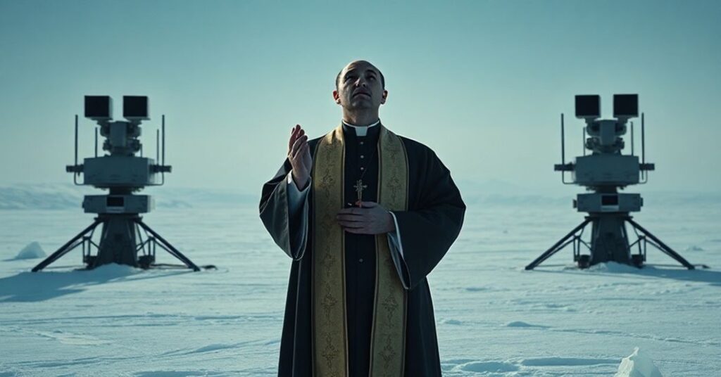 Ksiądz katolicki modli się w przestrzeni Arctic z nowoczesnym sprzętem nadzoru wojskowego jako symbol moralnego upadku i technokratycznej kontroli.
