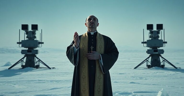 Ksiądz katolicki modli się w przestrzeni Arctic z nowoczesnym sprzętem nadzoru wojskowego jako symbol moralnego upadku i technokratycznej kontroli.