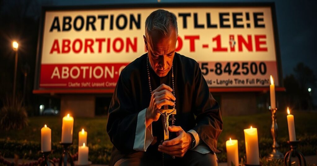Mężczyzna modlący się przed billboardem promującym aborcję w Connecticut, trzymający krzyż i różaniec