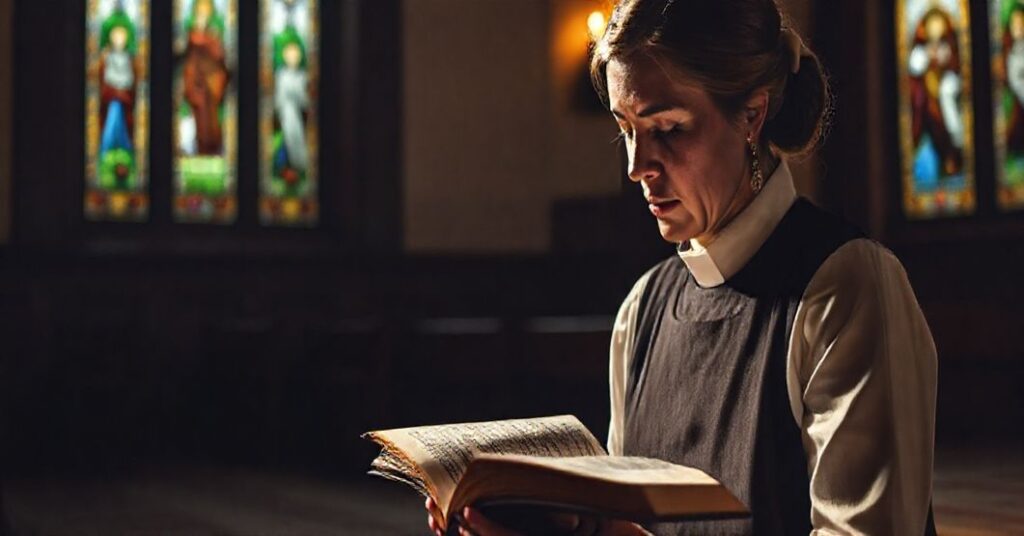 Kobieta w tradycyjnej katolickiej sukni modli się przed otwartą Biblią w ciepłym świetle kaplicy z witrażami.