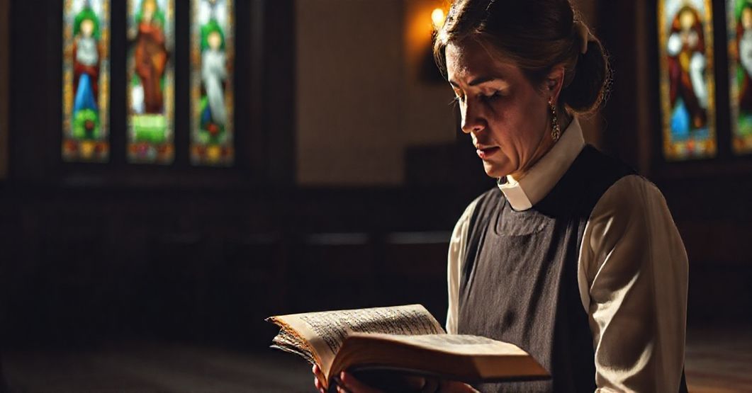 Kobieta w tradycyjnej katolickiej sukni modli się przed otwartą Biblią w ciepłym świetle kaplicy z witrażami.
