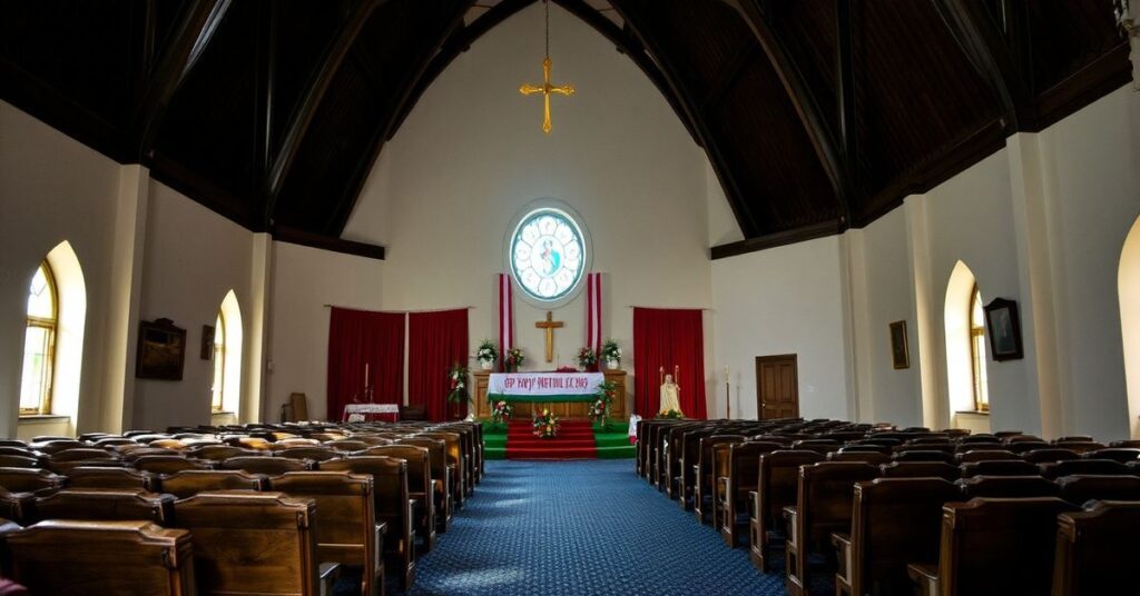 Modlący się wierny przed obrazem Chrystusa Króla, z dokumentami biurokratycznymi w ręku.