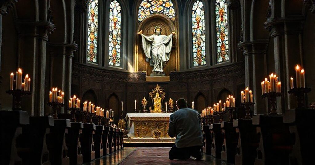 Sobór katolicki z modlącym się pielgrzymem przed rzeźbą Chrystusa Króla, otoczony czytelnymi świecami. Scena oddaje pokorę i oddanie wiernych.