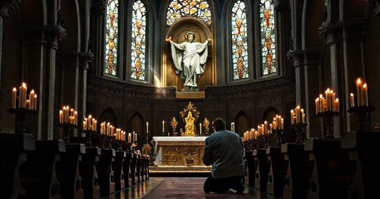 Sobór katolicki z modlącym się pielgrzymem przed rzeźbą Chrystusa Króla, otoczony czytelnymi świecami. Scena oddaje pokorę i oddanie wiernych.