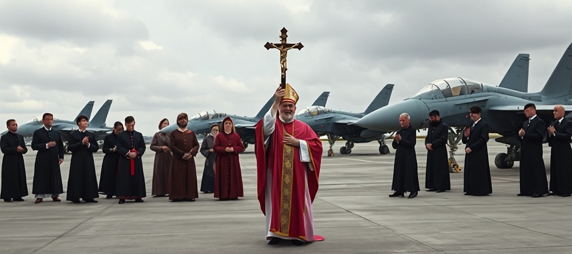 Tradycyjny biskup w pełnych ornatach modli się przed nowymi samolotami wojennymi F-35 na lotnisku w Łasku.