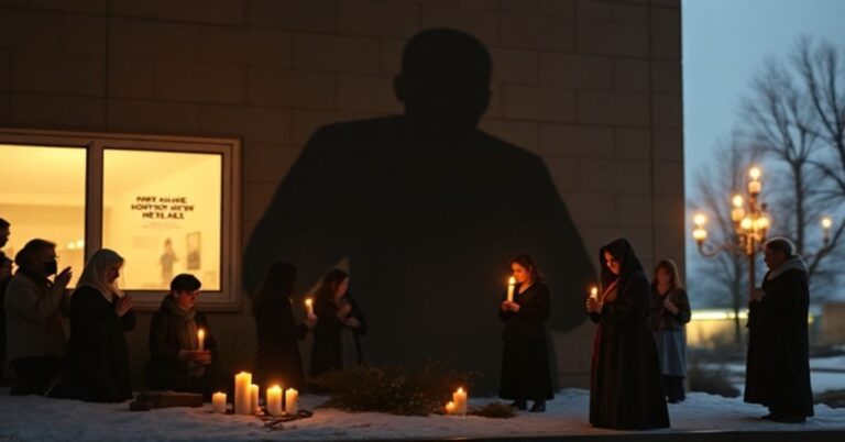 Grupa wiernych modli się przed kliniką aborcyjną w Milwaukee, z widokiem macabrycznej maszyny do aborcji w tle.