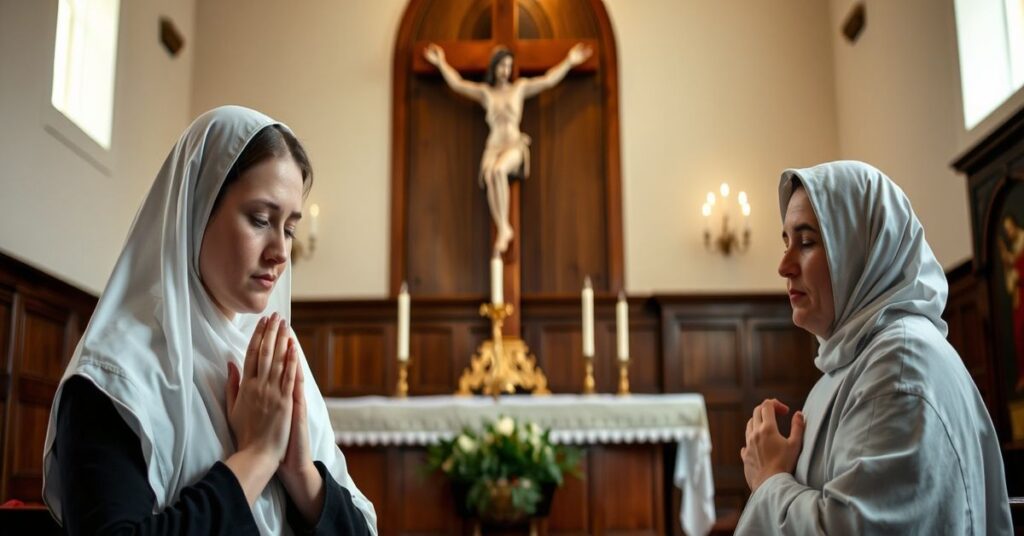 Trzej katolicy modlący się przed krucyfiksem w tradycyjnym kościele