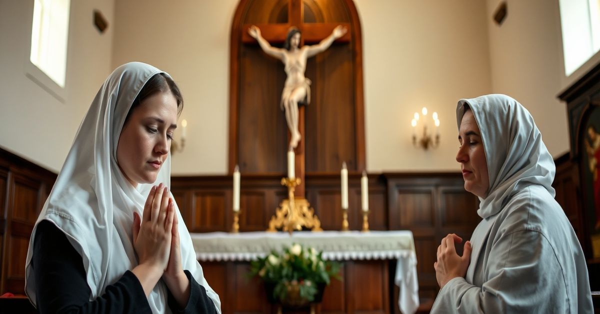 Trzej katolicy modlący się przed krucyfiksem w tradycyjnym kościele