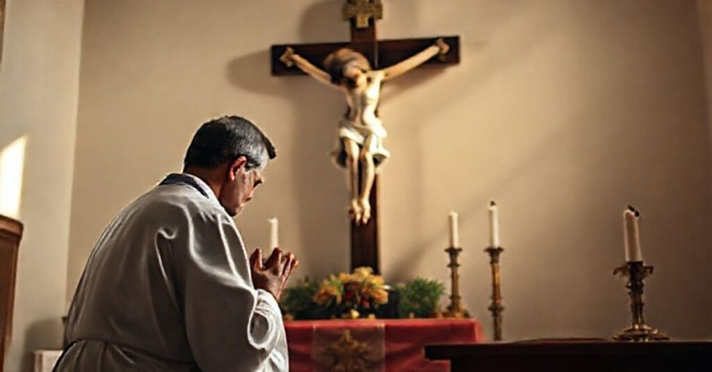 Osoba w modlitwie przed krzyżem w tradycyjnym kościele katolickim