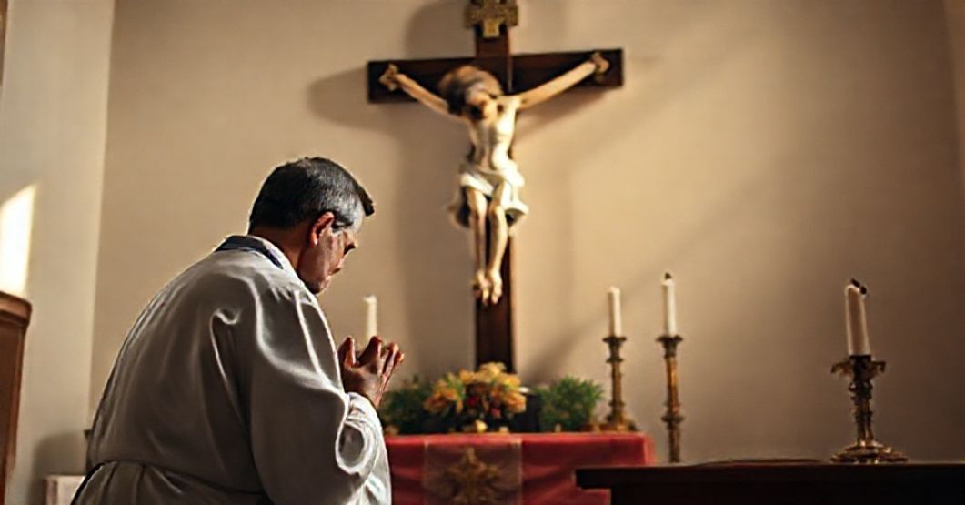 Osoba w modlitwie przed krzyżem w tradycyjnym kościele katolickim
