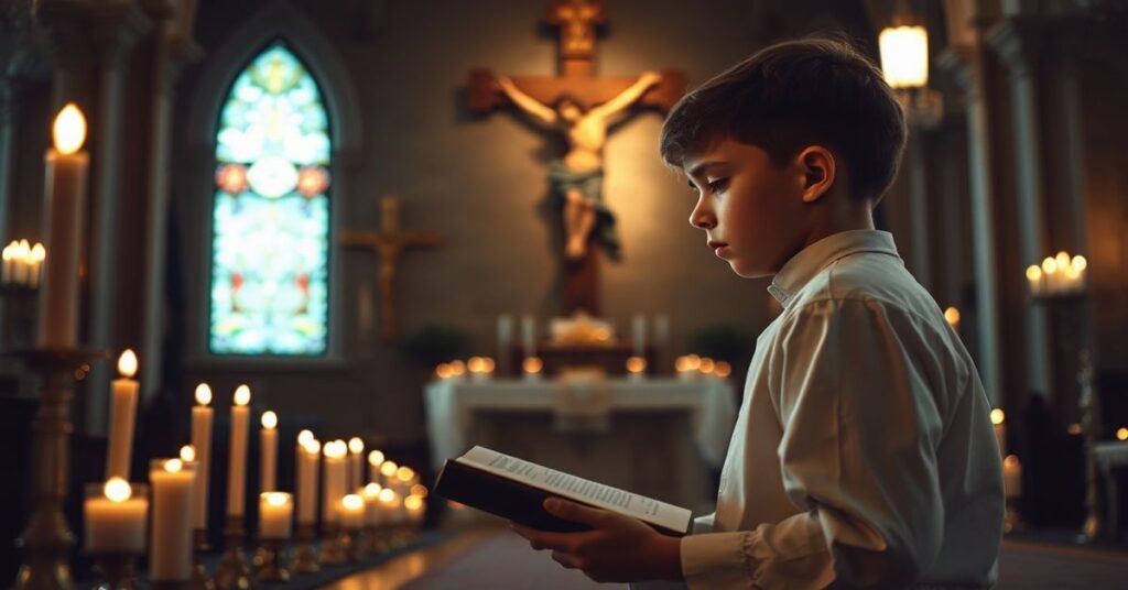 Młodzież modli się przed krzyżem w tradycyjnym kościele katolickim