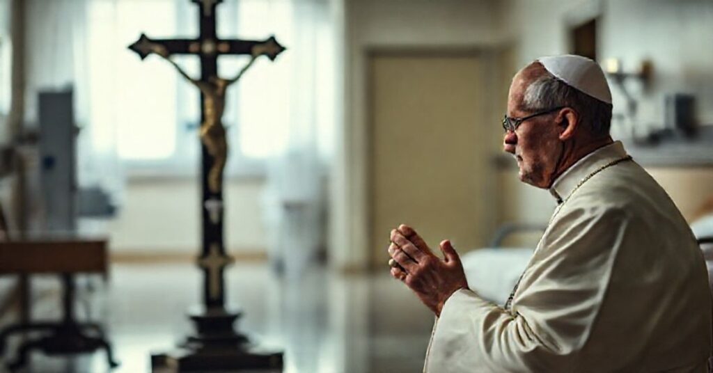 Kobieta w modlitwie przed krzyżem w tle szpital kontrastujący ze śmiercią i kultem wygody