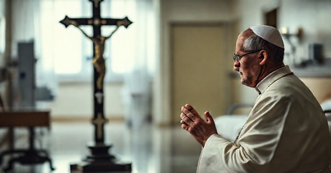 Kobieta w modlitwie przed krzyżem w tle szpital kontrastujący ze śmiercią i kultem wygody