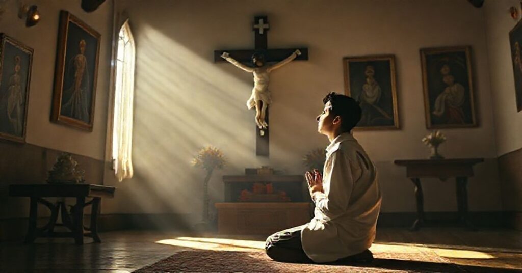 Młody mężczyzna w modlitwie przed krzyżem w tradycyjnym katolickim wnętrzu