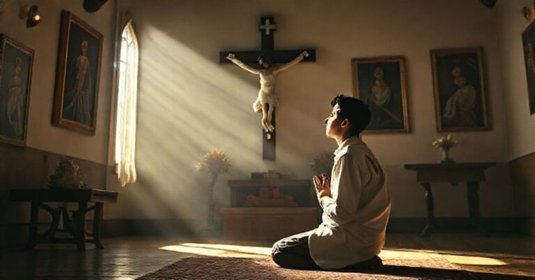 Młody mężczyzna w modlitwie przed krzyżem w tradycyjnym katolickim wnętrzu