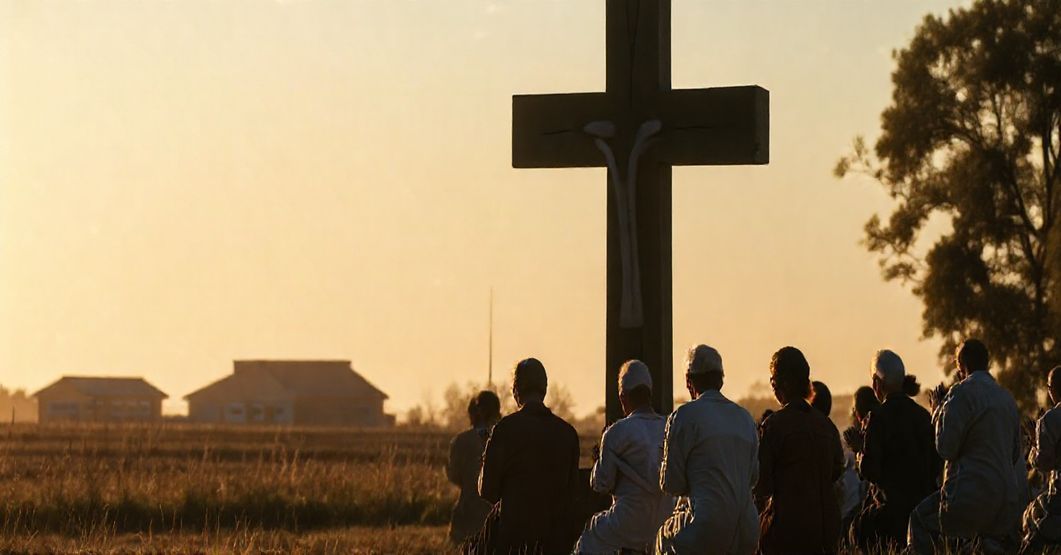 Grupa wiernych katolickich modli się przed dużym krzyżem, symbolizując walkę duchową przeciwko aborcji.