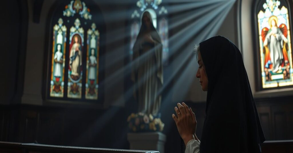 Kobieta modli się przed rzeźbą Matki Bożej Bolesnej w kościele, otoczona ciemnością aborcji i boskim światłem