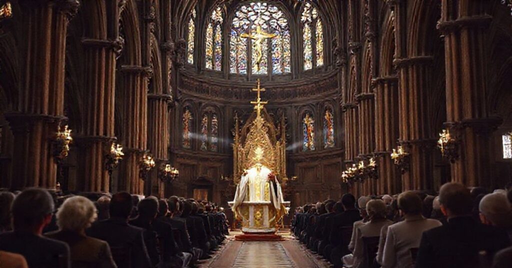 Kobieta modli się przed Najświętszym Sakramentem w tradycyjnym kościele katolickim