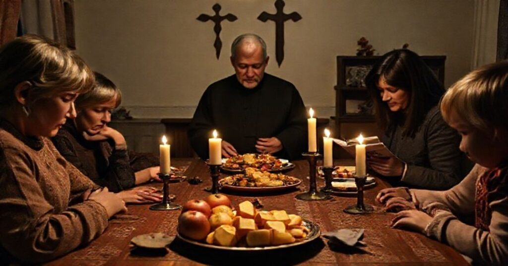 Rodzina katolicka modli się przed posiłkiem z jabłkami i muffinkami, podkreślając wartości duchowe nad hedonizmem.