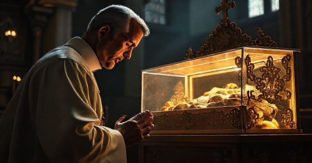 Tradycyjny kaplan modli się przed relikwiarzem z relikwiami hiszpańskich męczenników w ciemnym kościele.