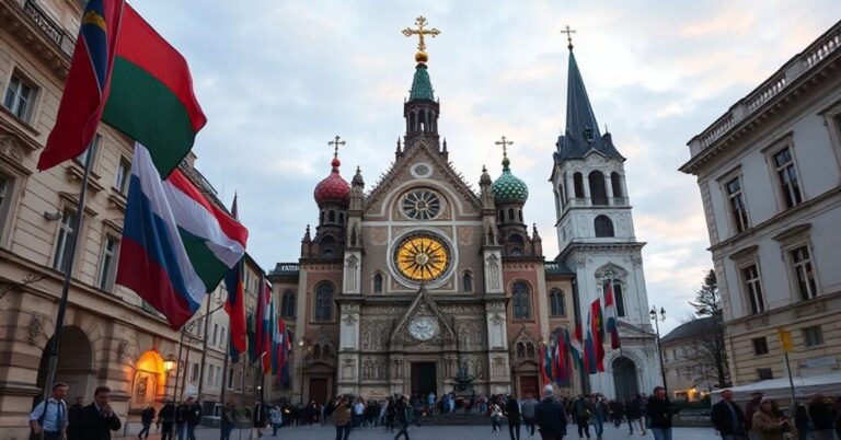 Tradycyjny katolik modlący się przed zniszczonym kościłem Narodowym Ślubu w Bogocie, z widowiskiem modernistycznego państwa w tłu.