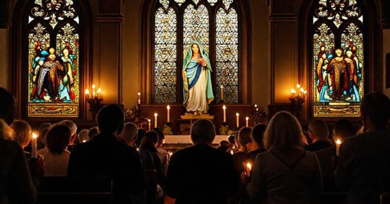 Grupa wierzących modli się przed statuą Matki Boskiej w tradycyjnym kościele katolickim.