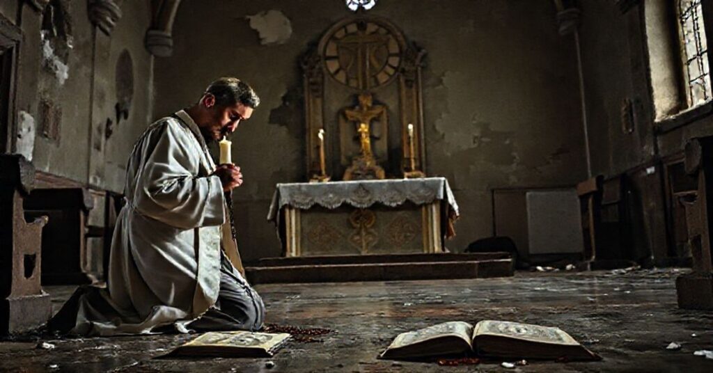 Mężczyzna w tradycyjnej szacie katolickiej modli się przed zniszczonym ołtarzem w opuszczonym kościele z widocznymi symbolami astrologicznymi w tle. Scena symbolizuje konflikt między fałszywymi naukami a prawdziwą wiarą.