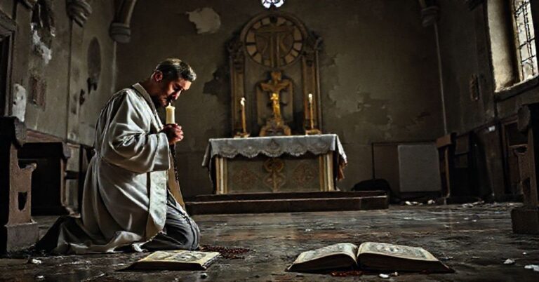 Mężczyzna w tradycyjnej szacie katolickiej modli się przed zniszczonym ołtarzem w opuszczonym kościele z widocznymi symbolami astrologicznymi w tle. Scena symbolizuje konflikt między fałszywymi naukami a prawdziwą wiarą.