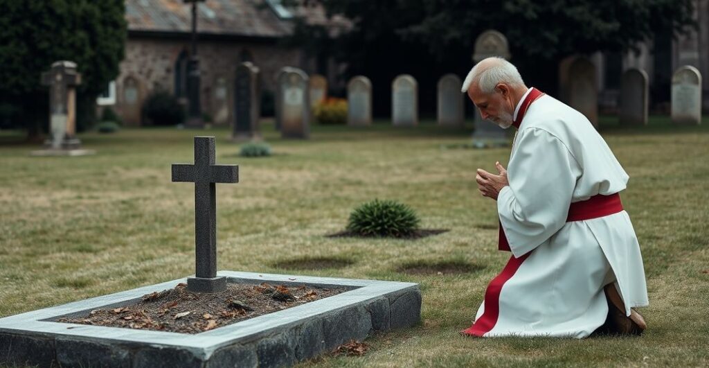 Fotografia realistyczna kapłana modlącego się przy grobie, wyraża głęboki szacunek i pobożność wobec bohaterstwa katolickiego kapelana wojennego