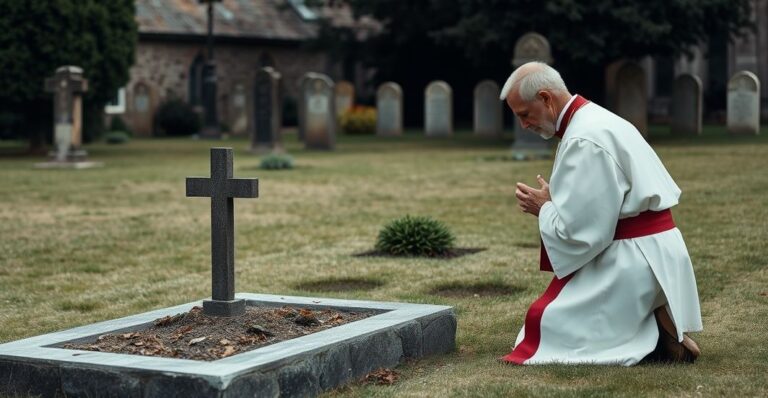 Fotografia realistyczna kapłana modlącego się przy grobie, wyraża głęboki szacunek i pobożność wobec bohaterstwa katolickiego kapelana wojennego