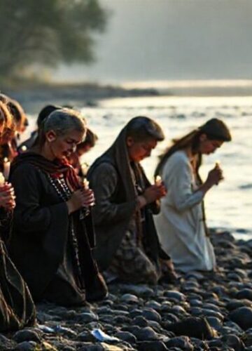 Modlitwa katolików przy rzece przeciwko skażeniu pigułkami aborcyjnymi Grupa katolików modlących się przy rzece z różańcami i świecami na tle wody