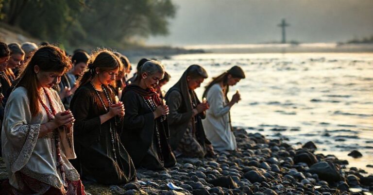 Grupa katolików modlących się przy rzece z różańcami i świecami na tle wody