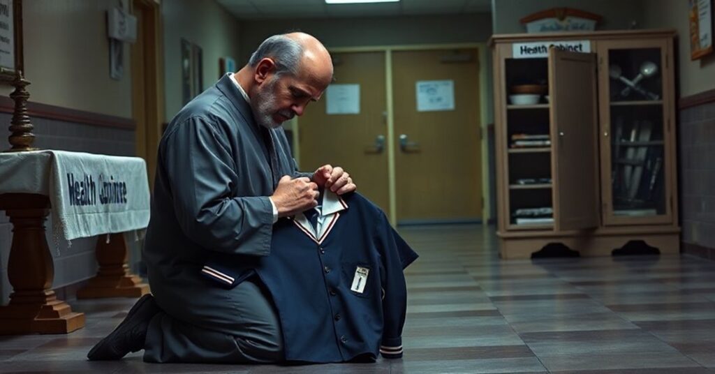 Kobieta modli się przed ołtarzem z symbolami katolickimi, trzymając mundur szkolny z widocznymi oznakami zmartwychwstania. Tło pokazuje ciemną szatnię szkolną z "szafką zdrowia" zawierającą kontrowersyjne akcesoria. Wyrazy twarzy odzwierciedlają głęboką troskę i smutek.