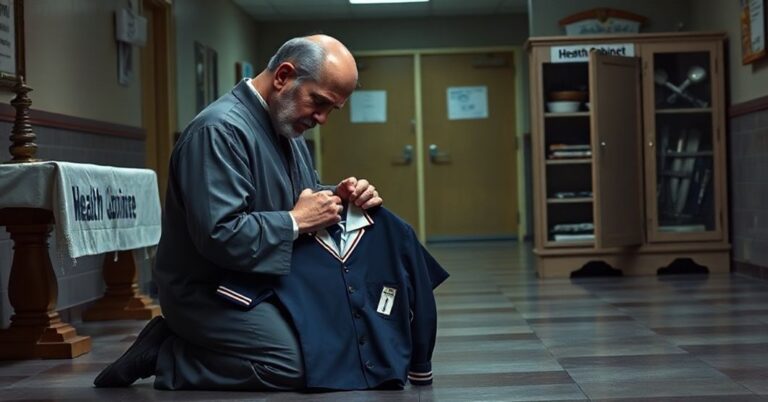 Kobieta modli się przed ołtarzem z symbolami katolickimi, trzymając mundur szkolny z widocznymi oznakami zmartwychwstania. Tło pokazuje ciemną szatnię szkolną z "szafką zdrowia" zawierającą kontrowersyjne akcesoria. Wyrazy twarzy odzwierciedlają głęboką troskę i smutek.