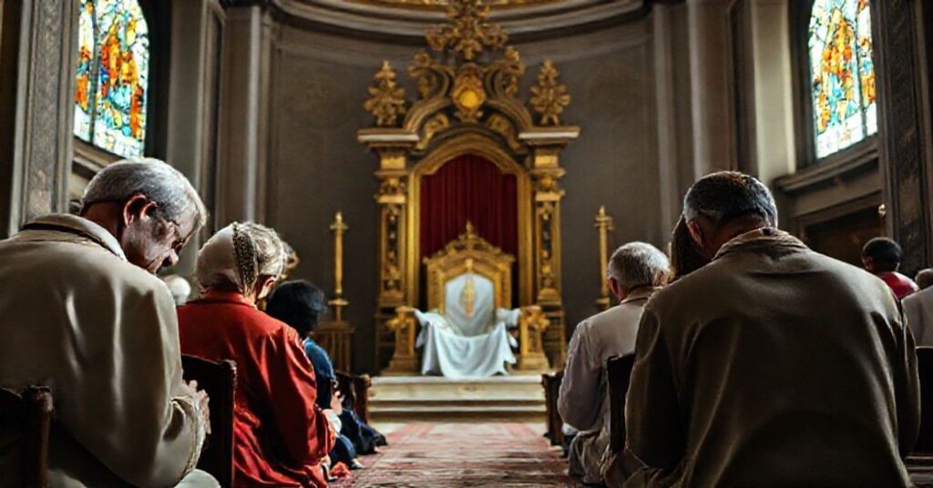 Portret tradycyjnej rodziny katolickiej modlącej się przed pustym papieskim tronem w bazylice św. Piotra