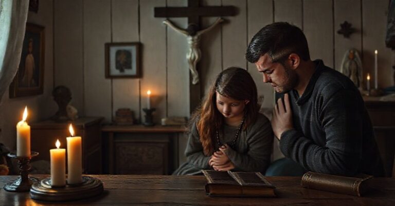 Rodzina modląca się w pokoju z krzyżem i obrazem Serca Jezusa.