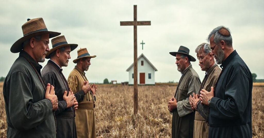 Grupa tradycyjnych katolickich rolników modląca się z różańcami przed drewnowym krzyżem na bezpłodnym polu, symbolizując krzyż biskupów kieleckich.