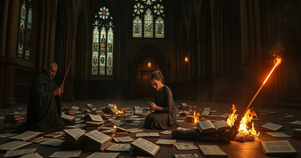 Kobieta modli się w świątyni katolickiej otoczona płonącymi książkami Harry'ego Pottera, demoniczni aktywści genderowi próbują zniszczyć jej wiarę.