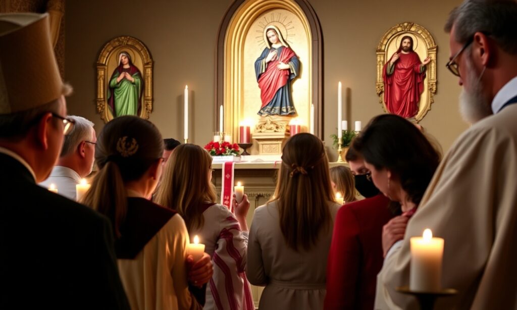 Grupa katolików modli się różańcem w tradycyjnym kościele z kapłanem w tradycyjnych szatach liturgicznych