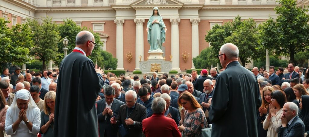 Grupa wiernych modli się różańcem w Ogrodach Watykańskich z Leonem XIV przed figurą Matki Bożej.