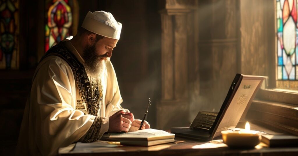 Mężczyzna w modlitwie przed ołtarzem z Biblią i różańcem w otoczeniu dokumentów finansowych i laptopa z logo Nest Banku