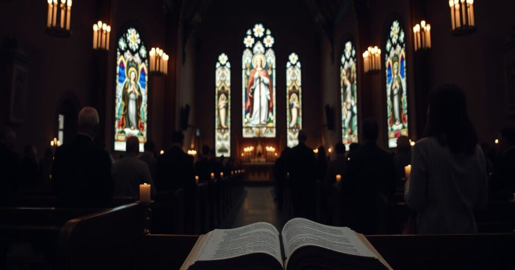 Grupa wiernych sedewakantystów modląca się różańcem w tradycyjnym kościele katolickim.