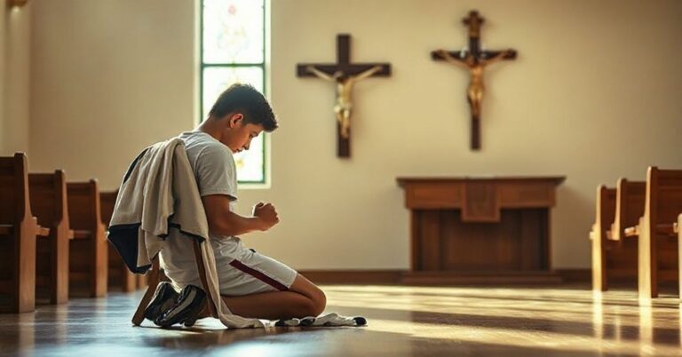 Młody sportowiec w modlitwie przed krzyżem w tradycyjnym kościele katolickim, symbolizując duchowy wymiar prawdziwego katolickiego życia.