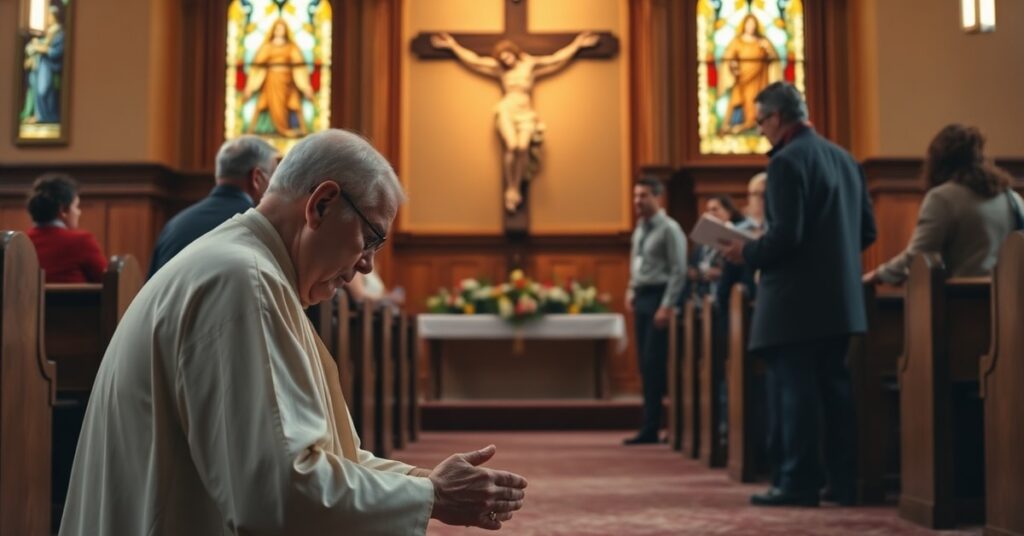 Kobieta modli się przed krzyżem w tradycyjnym kościele katolickim podczas rozprawy posła Deana Allisonsa dotyczącej szkód spowodowanych szczepionkami COVID-19