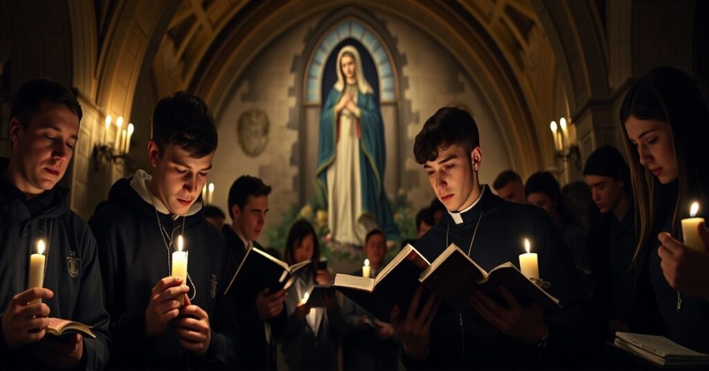 Studenci modlą się w grocie Notre Dame po konflikcie ze zwolennicą aborcji