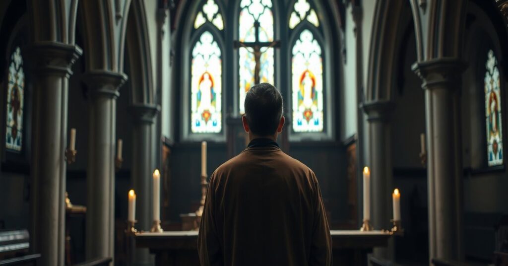 Tradycyjny katolicki mężczyzna w modlitwie przed ołtarzem z krzyżem i Biblią w słabo oświetlonej kościelnej scenerii. Scena nakreśla głęboki konflikt między prawdziwą wiarą a nowoczesnymi odchyleniami duchowymi.