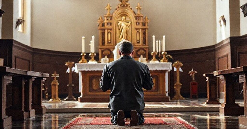 Kobieta w tradycyjnym stroju modlitewnym klęcza przed ołtarzem z hostią w monstrancji.