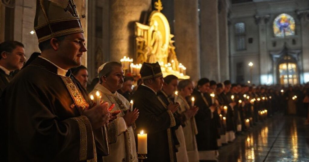 Tradycyjna katolicka modlitwa przy kolumnie Niepokalanej na Placu Hiszpańskim w Rzymie